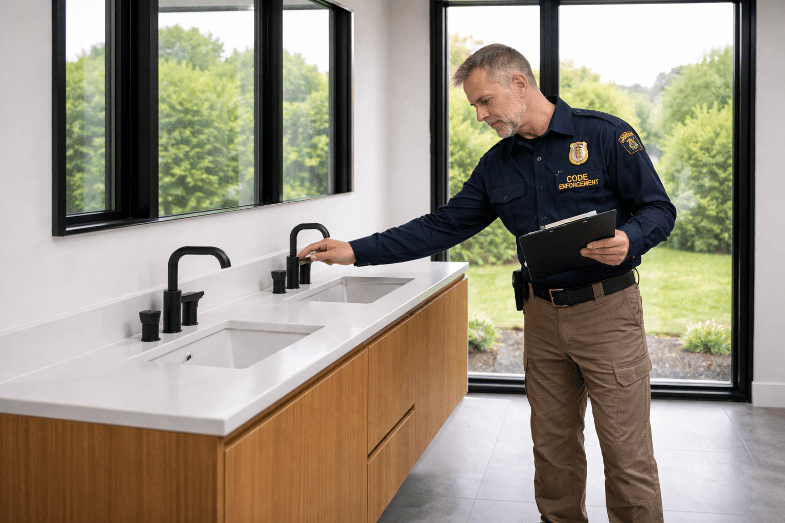 Code enforcement officer inspecting bathroom fixtures during a residential remodel in Southern Maine.
