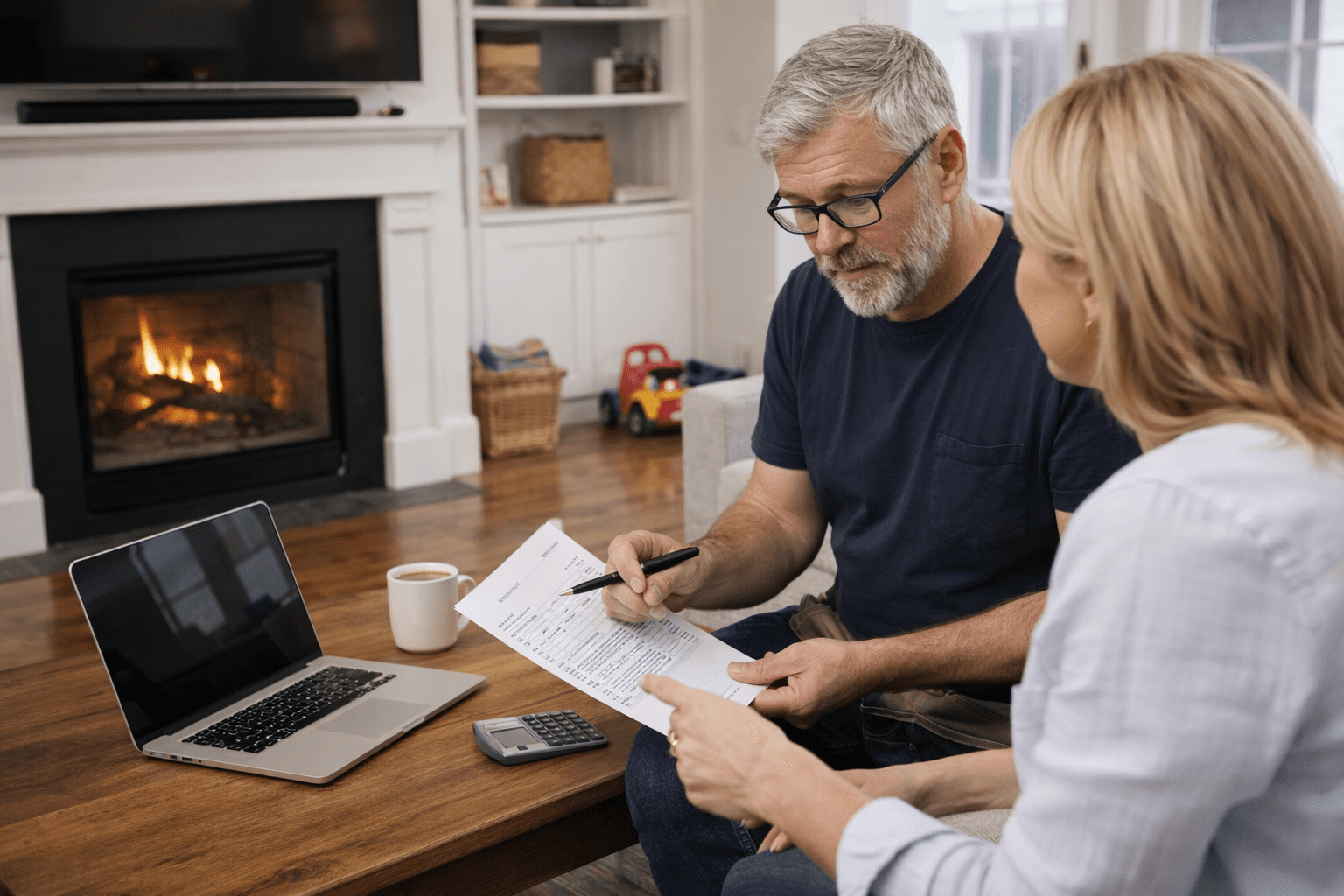 Contractor reviewing project estimate with homeowner in living room during renovation consultation